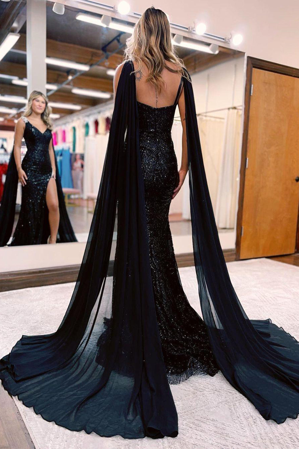 Mermaid Deep V Neck Black Sequins Long Prom Dress with Cape