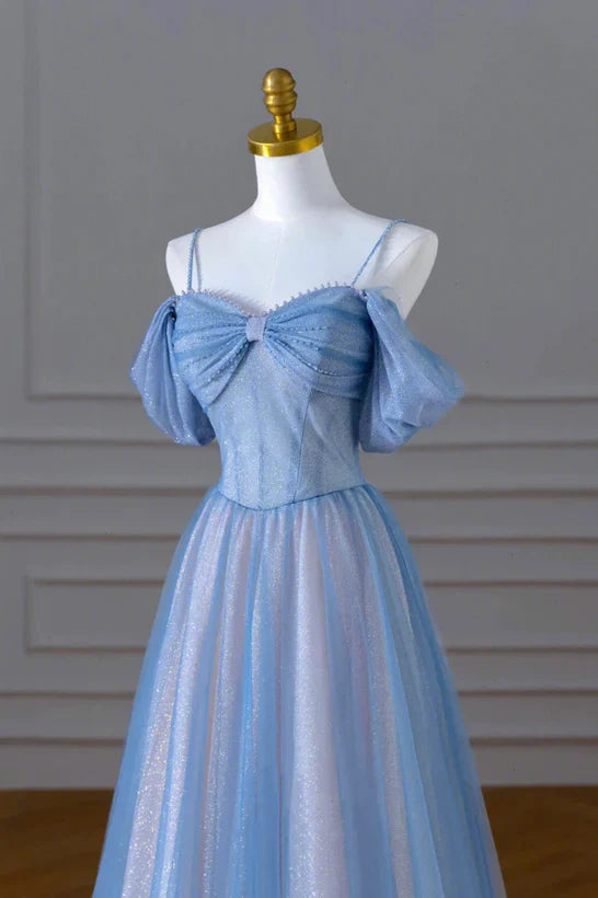 A-Linien-Prinzessinnenkleid aus glitzerndem, blauem und rosafarbenem, perlenbesetztem Tüll, langes Partykleid/Abendkleid