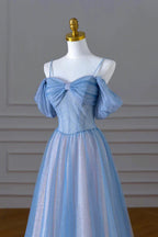 A-Linien-Prinzessinnenkleid aus glitzerndem, blauem und rosafarbenem, perlenbesetztem Tüll, langes Partykleid/Abendkleid