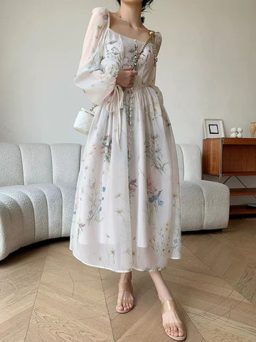 Vestidos largos de fiesta de noche, vestido de princesa floral de corte A, manga farol 