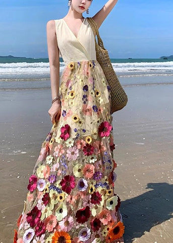 Bohemian V-Ausschnitt Tüll bestickt Patchwork Blumen Tüll Maxikleid Sommer 