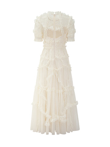 Ruffles Dress Illusion Neckline Ruffles Layered Tulle Maxi Dresses