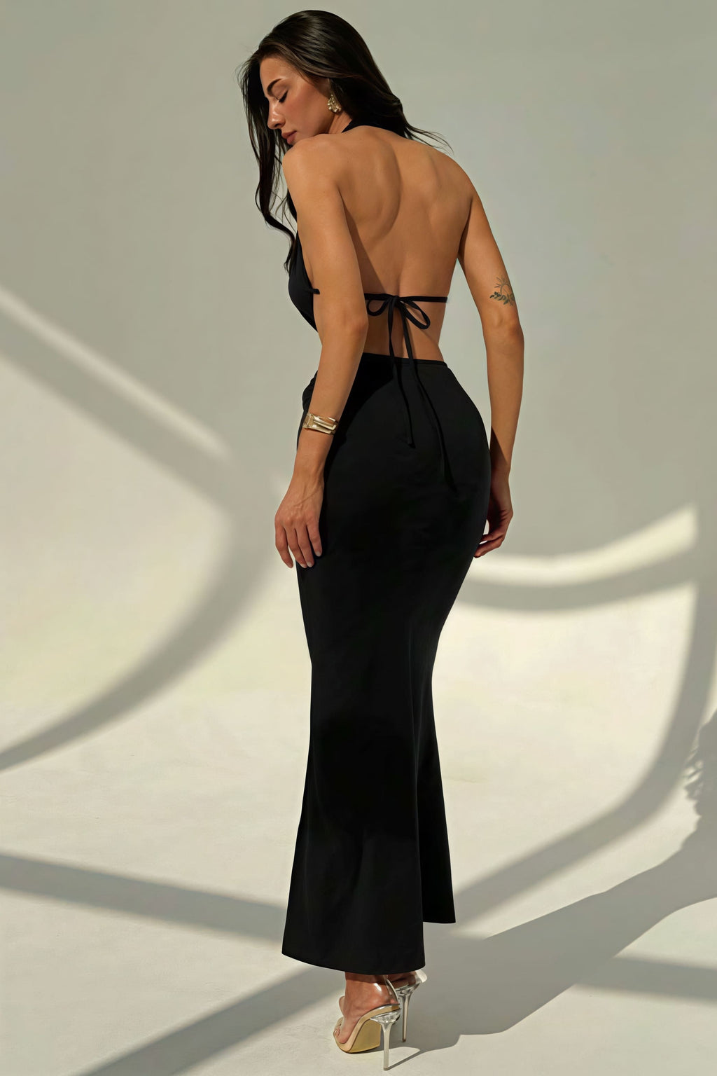Sexy Halter Deep V Neck Backless Metal Maxi Dress