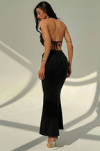 Sexy Halter Deep V Neck Backless Metal Maxi Dress