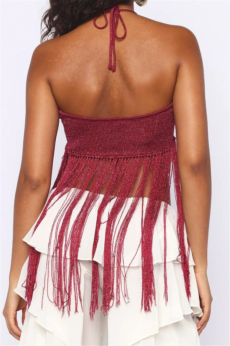 Sexy Tie Cami Hollow Tassel Halter Top