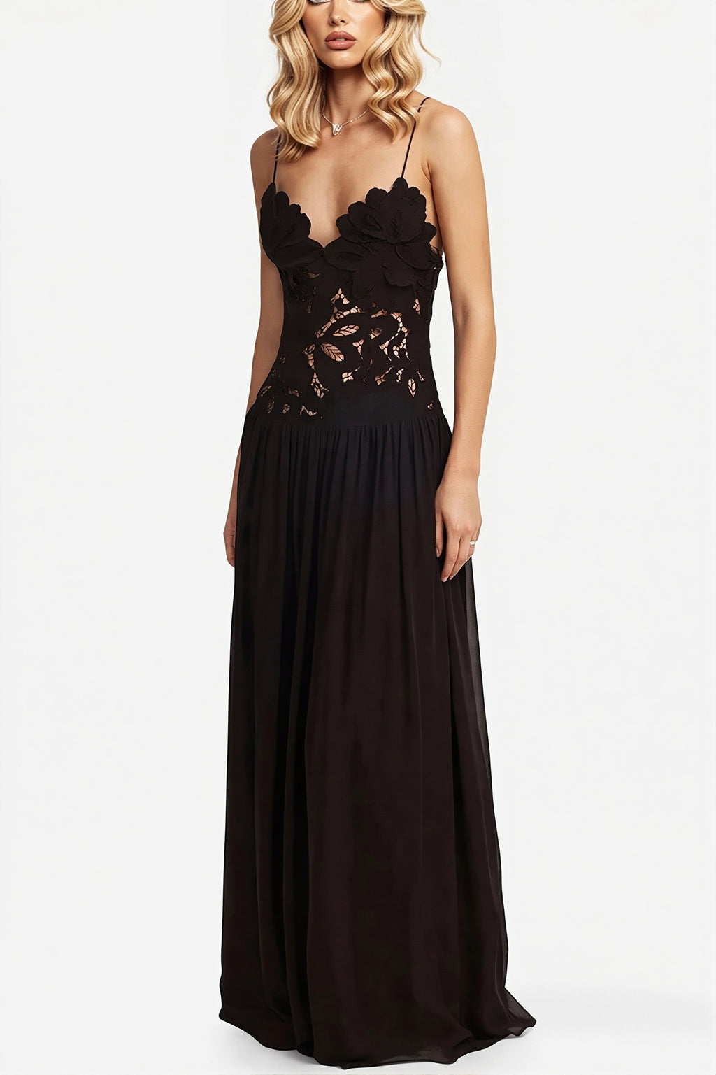 Elegant Lace Hollow Splice Chiffon Dress
