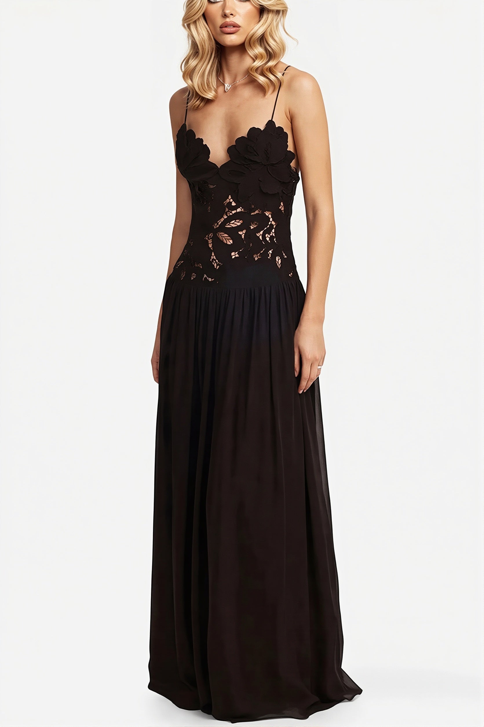 Elegant Lace Hollow Splice Chiffon Dress