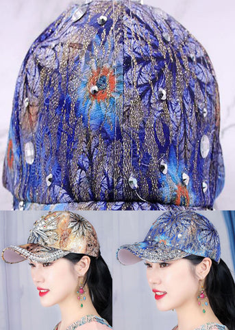 Gorra de béisbol de algodón con parches y estampado de circonitas azules elegantes 