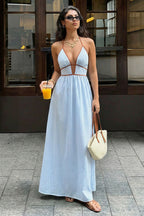 Deep V Neck Striped Backless Maxi Dress