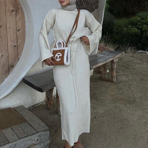 Vestido tipo suéter de manga larga, cintura alta, con cordones, para otoño e invierno, color liso, informal, tejido básico, largo 