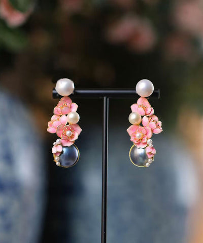 New Pink Sterling Silver Pearl Floral Stud Earrings