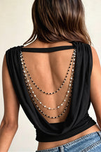 Cowl Neck Chain Detail Backless Tank Top