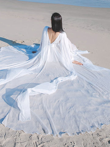 White Maxi Dress Long Sleeves Crepe Chiffon Beach Wedding Dress