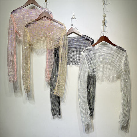 Taruxy Sparkly Crystal T-shirts Women O-Neck Hollow Out Sexy See Through Tank Tops Night Partywear Crop Shirts Tee Y2K Tops 2022