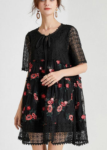 Vestido de verano con lazo de encaje bordado negro para mujer 