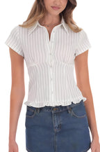 Cropped Plaid Polo Neck Button Blouse