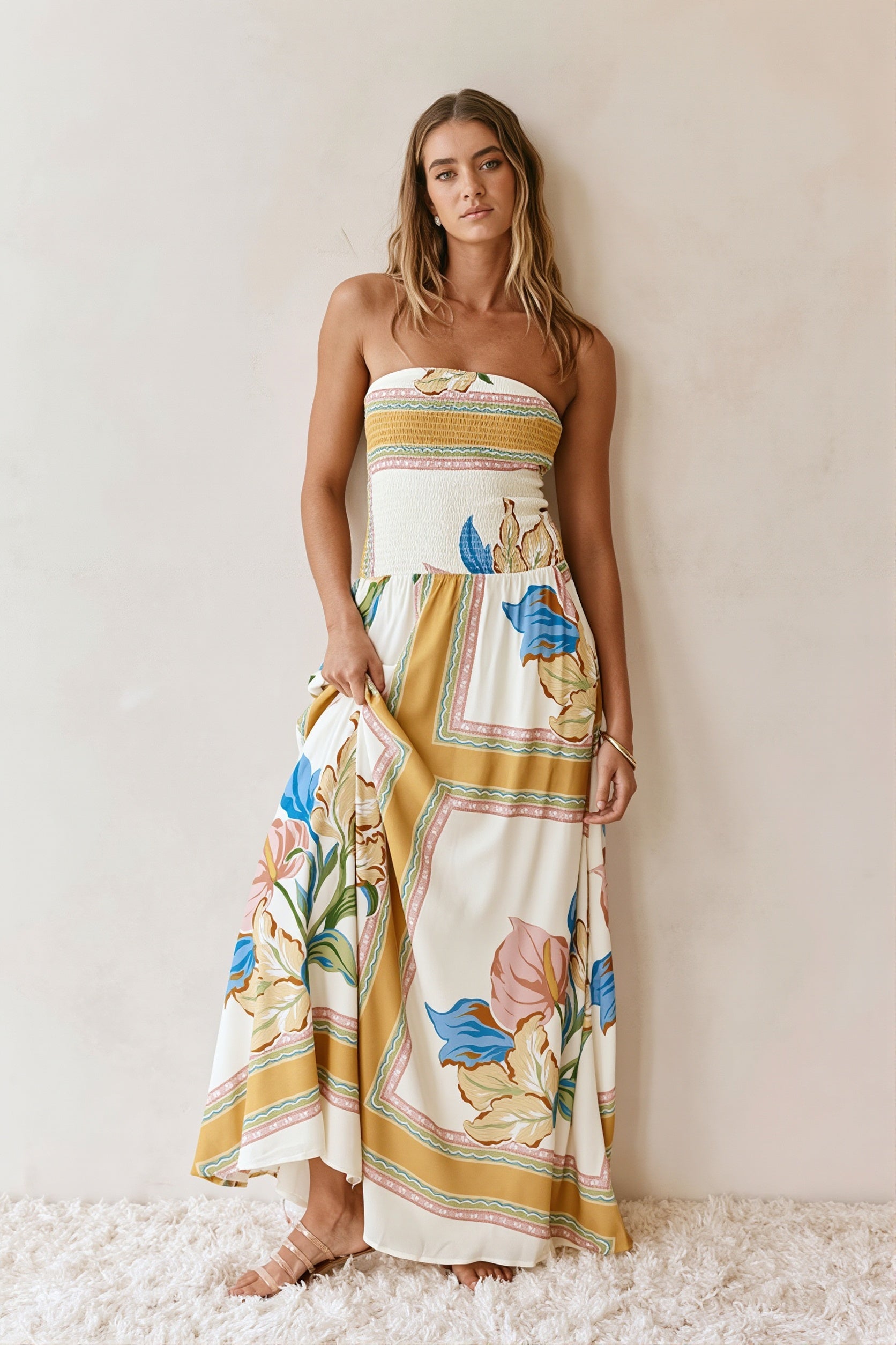 Boho Floral Bandeau Vacation Maxi Dress