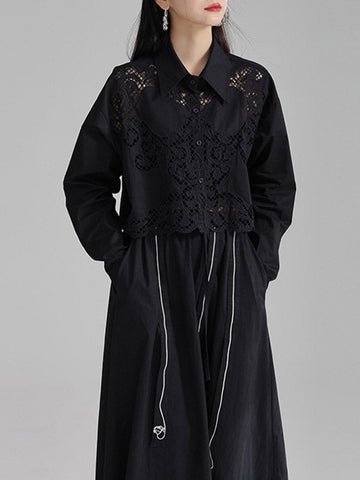 Lange Ärmel Lose Geknöpft Hohl Einfarbig Revers Blusen &amp; Hemden Tops 