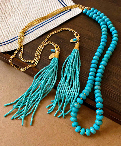 Collar vintage de aleación de oro con cuentas turquesas y borlas adornadas 