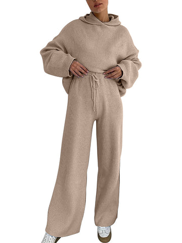 Conjunto de dos piezas de suéter holgado de color sólido con cuello redondo, capucha y mangas largas + pantalón con cordón ajustable 