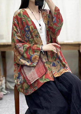 Bohemian Print V-Ausschnitt Taschen Baumwoll-Cardigans Fledermausärmel 