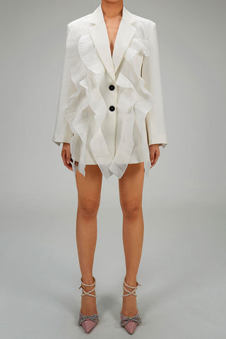 Femininer, plissierter, gerüschter Reverskragen, langärmliger Einreiher-Blazer aus Twill 