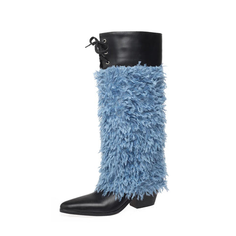 Weiße blaue Feder spitze hohe Stiefel Damen elegante High Heels Schuhe Damen Casual Winter Herbst Catwalk Perform Kniehohe Stiefel 