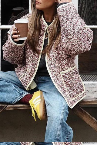 Casual Flowers Pocket Patchwork Contrast Mandarin Collar Outerwear(12 Colors)