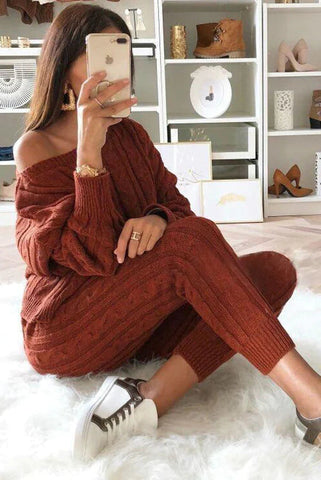 Set aus Zopfmusterpullover und Slim-Fit-Hose mit hohem Tragekomfort 