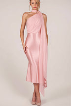 One Shoulder Mesh Satin Maxi Dress