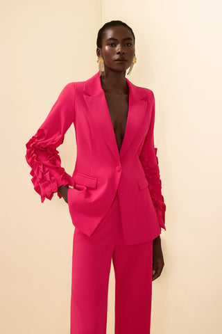 Solid Frill Long Sleeeve Blazer & High Waist Pants Set