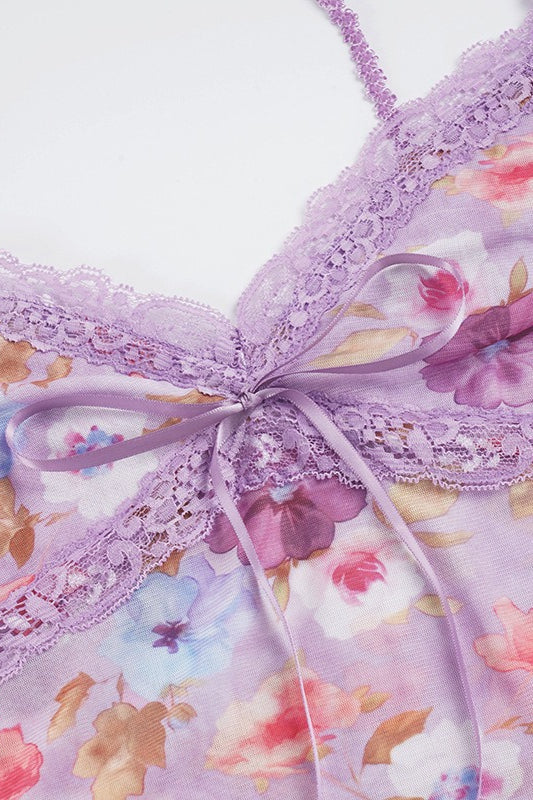 V Neck Lace Floral Tie Cami Top
