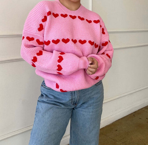 Suéter de punto con rayas de corazón rojo Lovey 