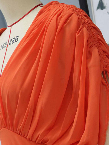 Women Maxi Dress Orange Red V-Neck Short Sleeves Backless   Long Dress