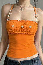 Colorful Beaded Off Shoulder Ruffle Smocked Cami Top
