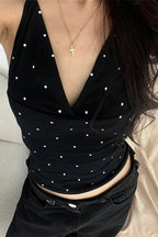 Polka Dot V Neck Cropped Halter Top