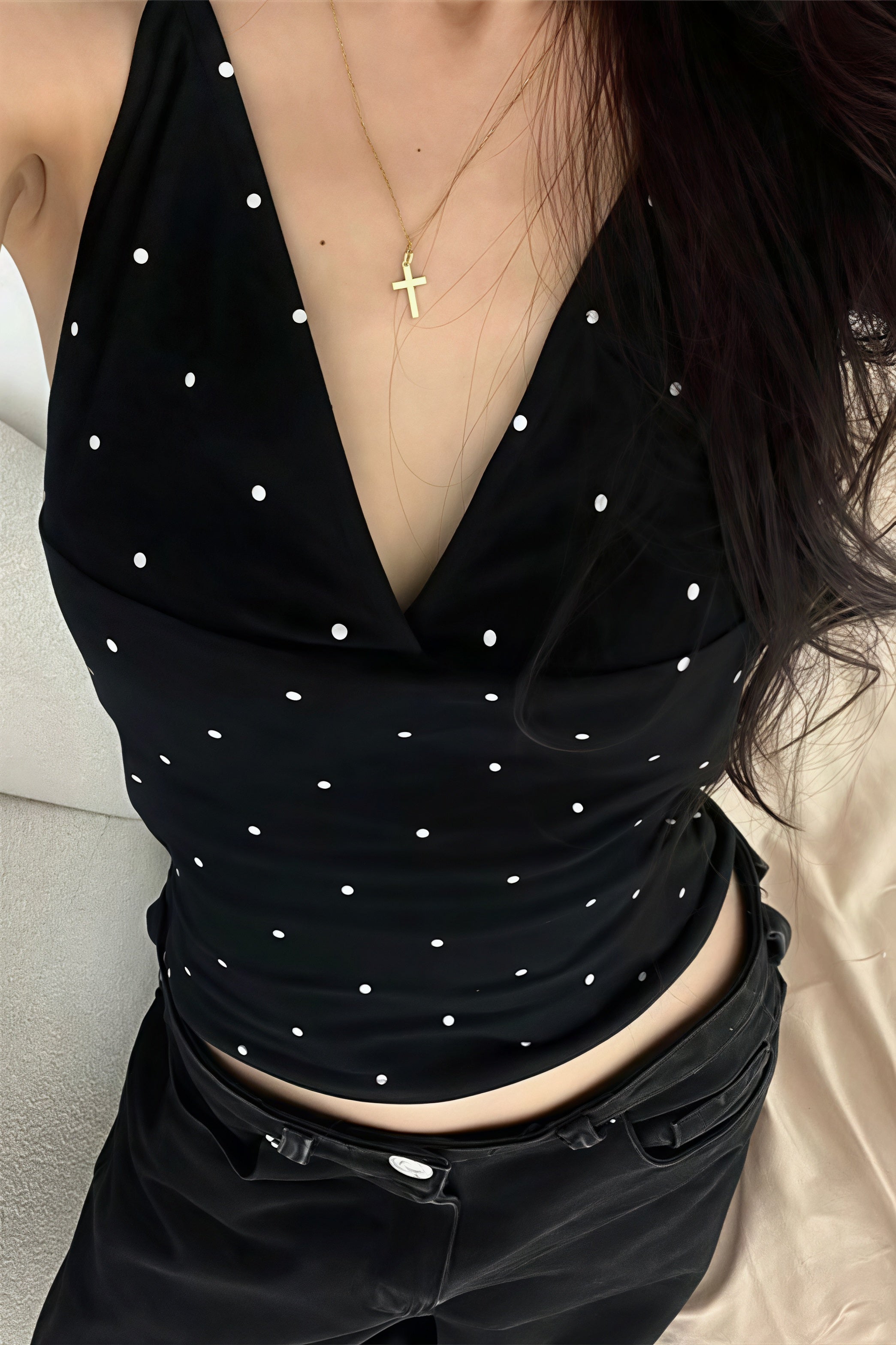 Polka Dot V Neck Cropped Halter Top