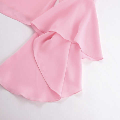 Bluse aus transparentem Chiffon mit Rundhalsausschnitt, Glockenärmeln und Wasserfall-Rüschen 