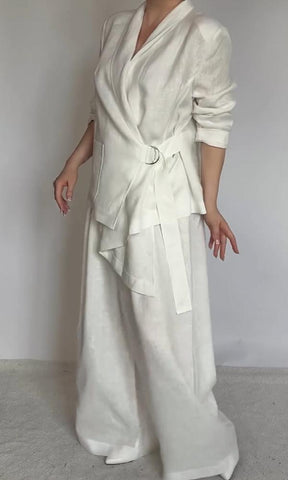 Conjunto cómodo de dos piezas de blusa y pantalón de lino y algodón para mujer 