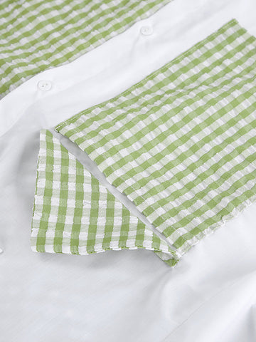 Long Sleeves Loose Buttoned Contrast Color Plaid Pockets Split-Joint Lapel Blouses&Shirts Tops