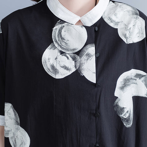 Vestido de gasa pura con estampados negros de boutique, ropa de gasa extragrande, vestidos, vestido camisero de gasa con cuello de solapa y dobladillo grande fino 