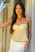 Tie Back Lace Trim Plaid Cami Top