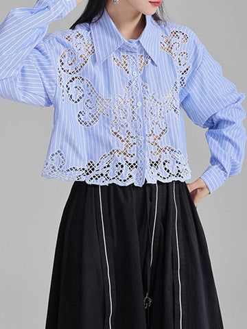 Lange Ärmel Lose Geknöpft Hohl Einfarbig Revers Blusen &amp; Hemden Tops 