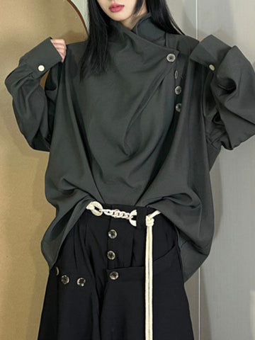 Blusas y camisas de manga larga, sueltas, asimétricas, plisadas, con abertura y cuello alto 