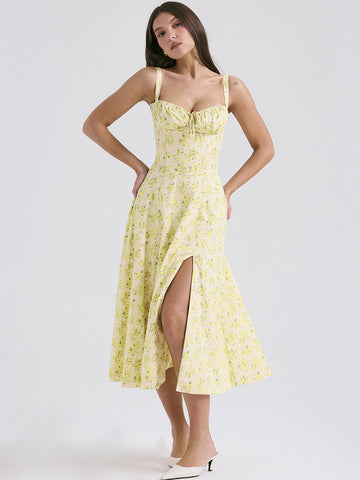Vestido midi de fiesta con corsé, floral, tirantes anchos, espalda descubierta y abertura lateral