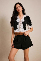 Lace V Neck Button Puff Sleeve Blouse