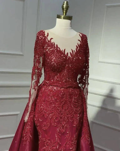 Mermaid Dark Burgundy V-Neck Long Sleeves Appliques Sleeved Dress With Sweep Train