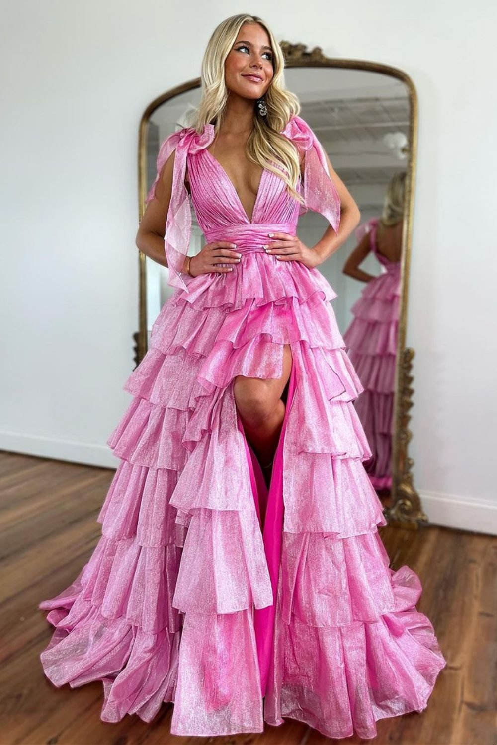 Princess A Line Deep V Neck Long Prom Dress with Ruffles