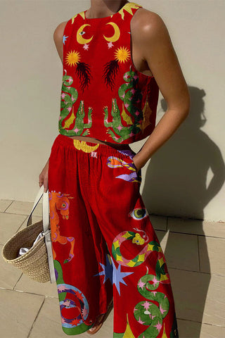 Conjunto de camiseta de tirantes y pantalón con bolsillos y cintura elástica con estampado único de mezcla de lino Island Dreaming 