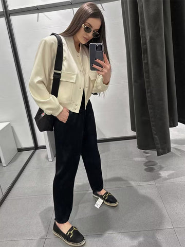 Mode Frau Bomber Jacken für Frauen 2024 Frühling Herbst Weibliche Langarm Mäntel Damen Große Taschen Jacke Neue Oberbekleidung 